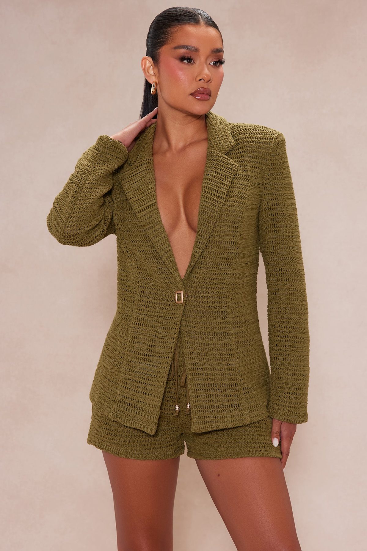 Mykonos Crochet Blazer Short Set - Olive