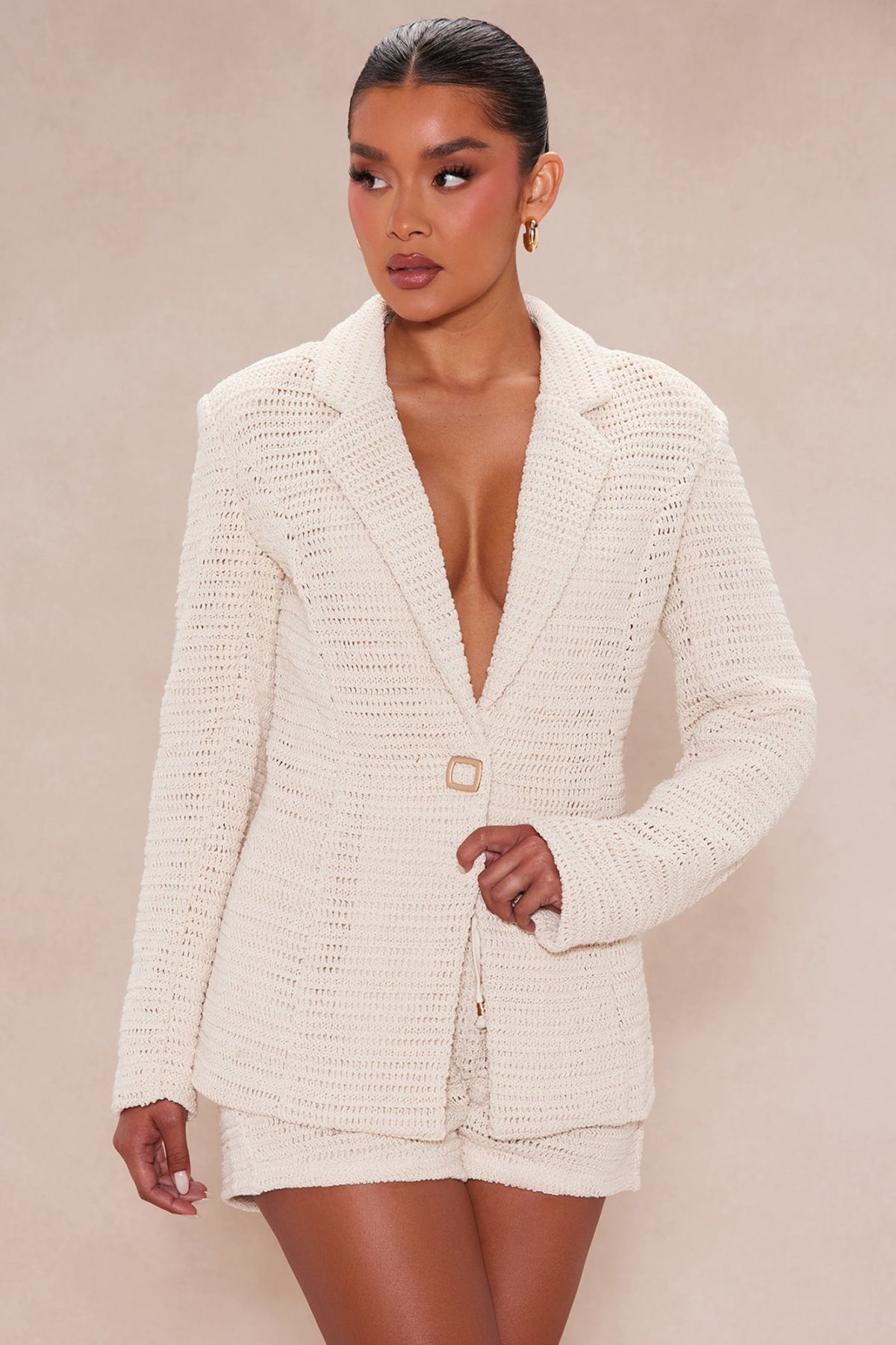 Mykonos Crochet Blazer Short Set - Cream