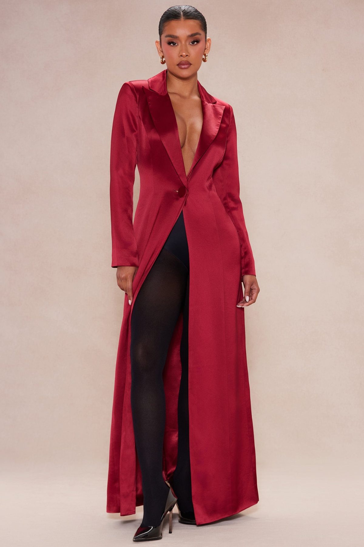 Deana Satin Maxi Blazer - Red