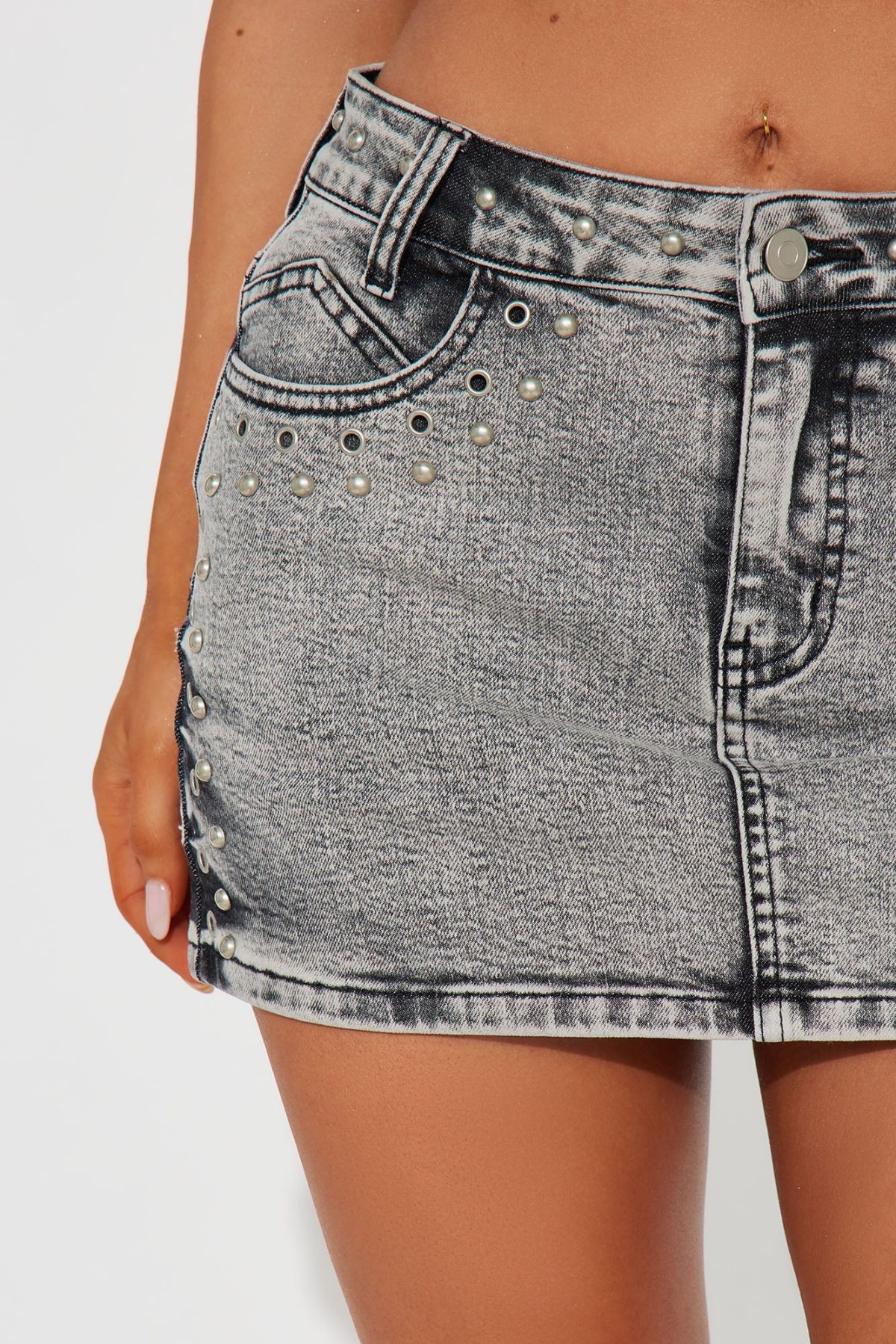 Meet Me Downtown Studded Denim Mini Skirt - Grey