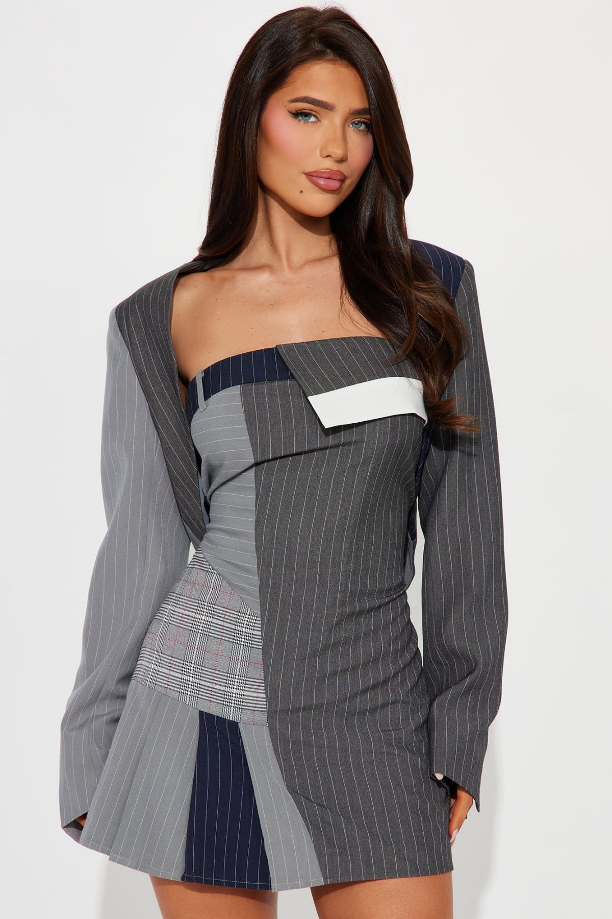 Pinstripe Blazer Mini Dress Set - Grey/combo