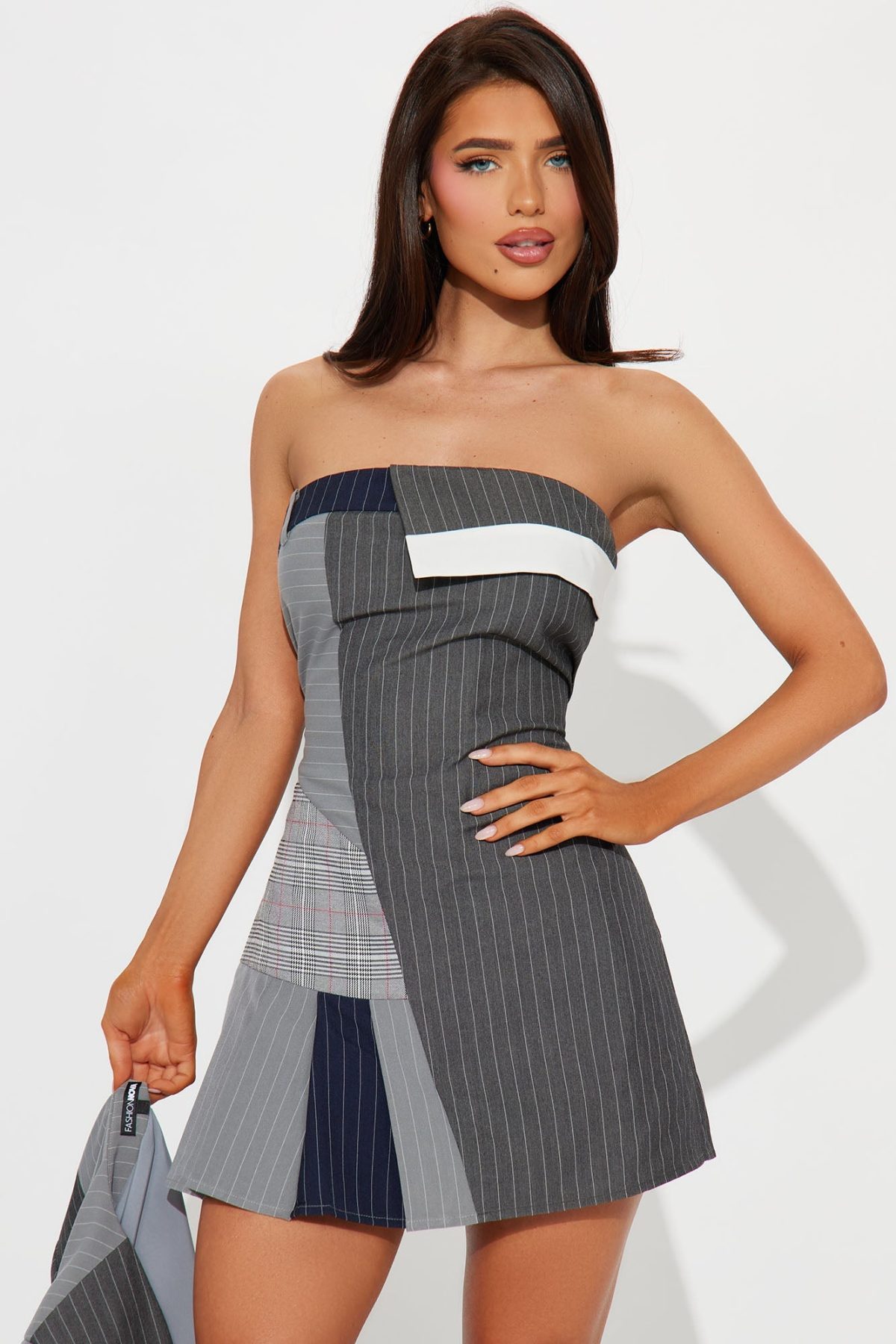 Pinstripe Blazer Mini Dress Set - Grey/combo