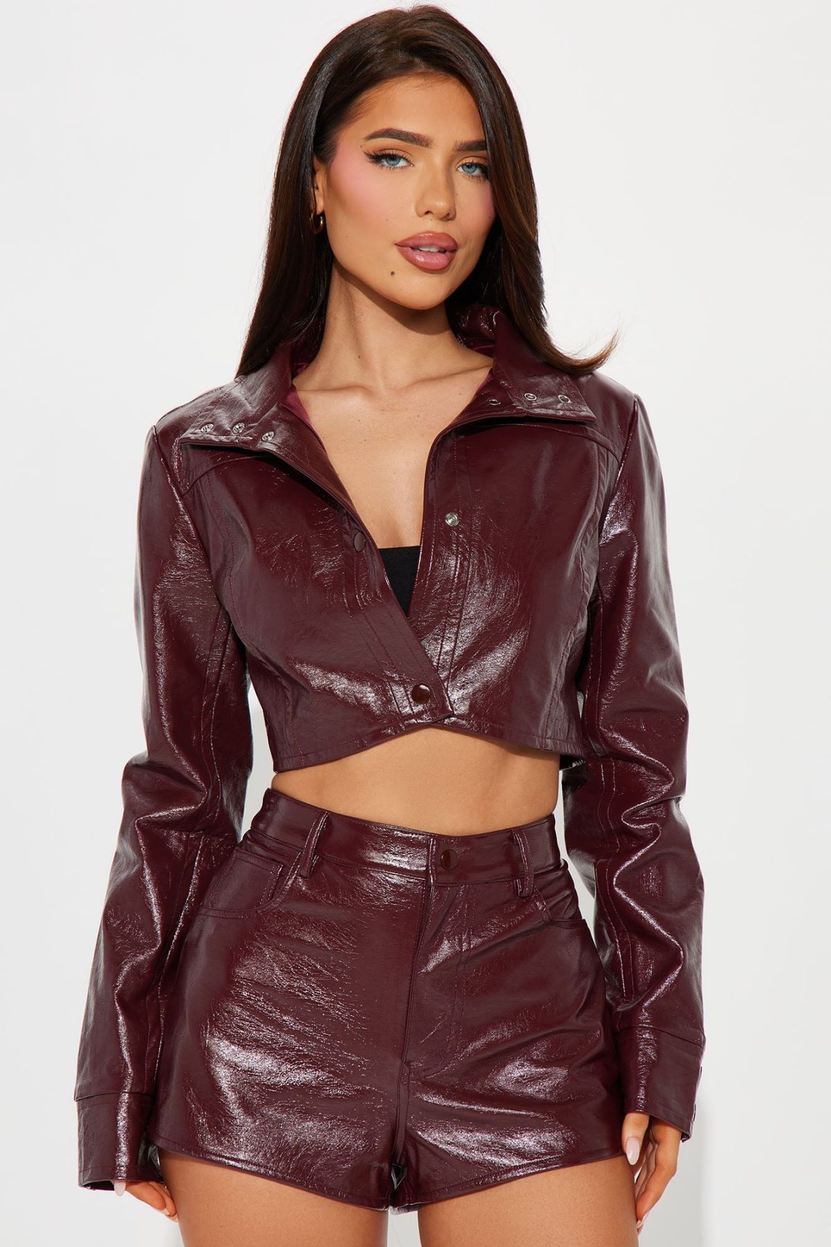 Sexy Faux Leather Micro Short Set - Burgundy