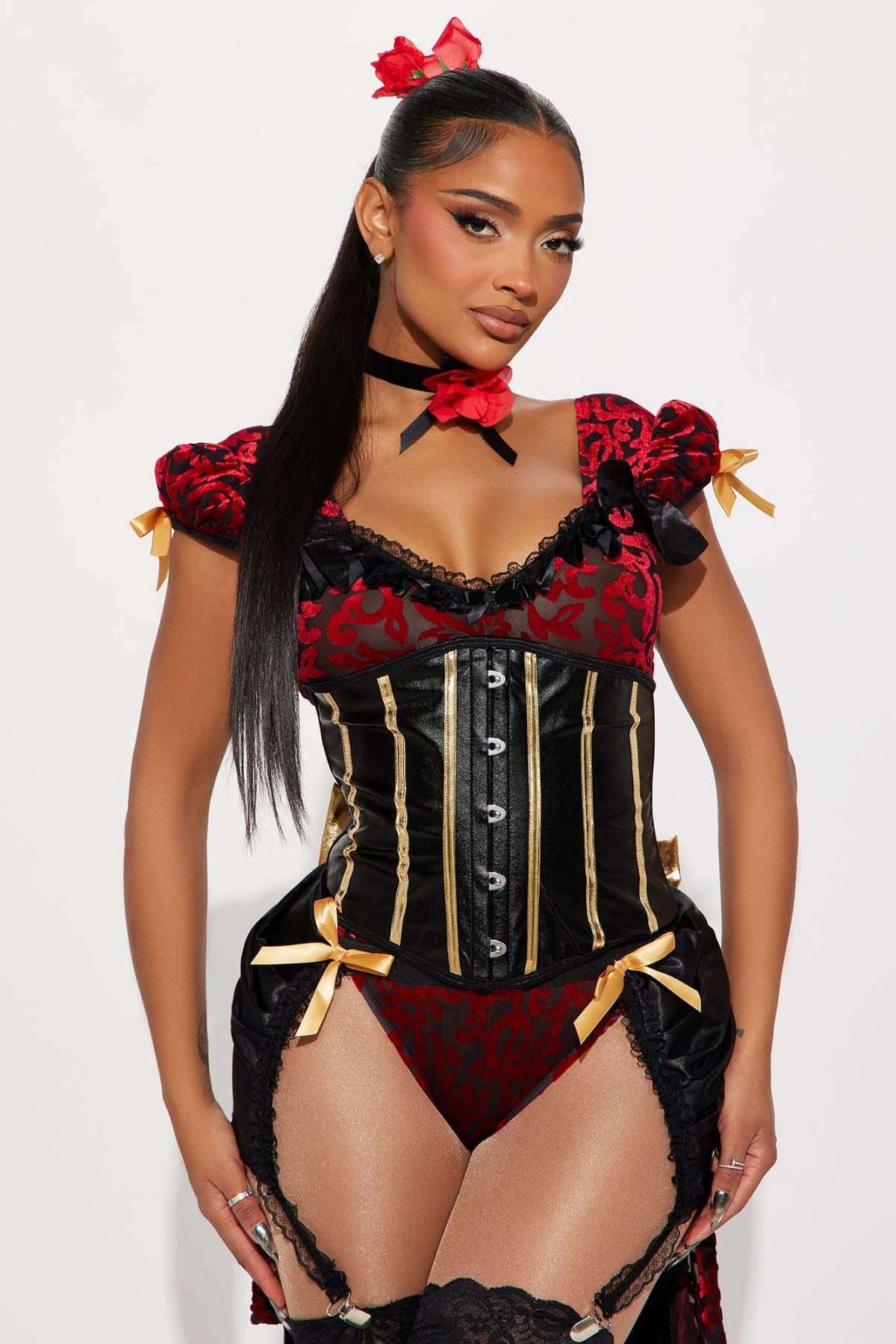 Sultry Saloon Vixen 3 Piece Costume Set - Red/combo