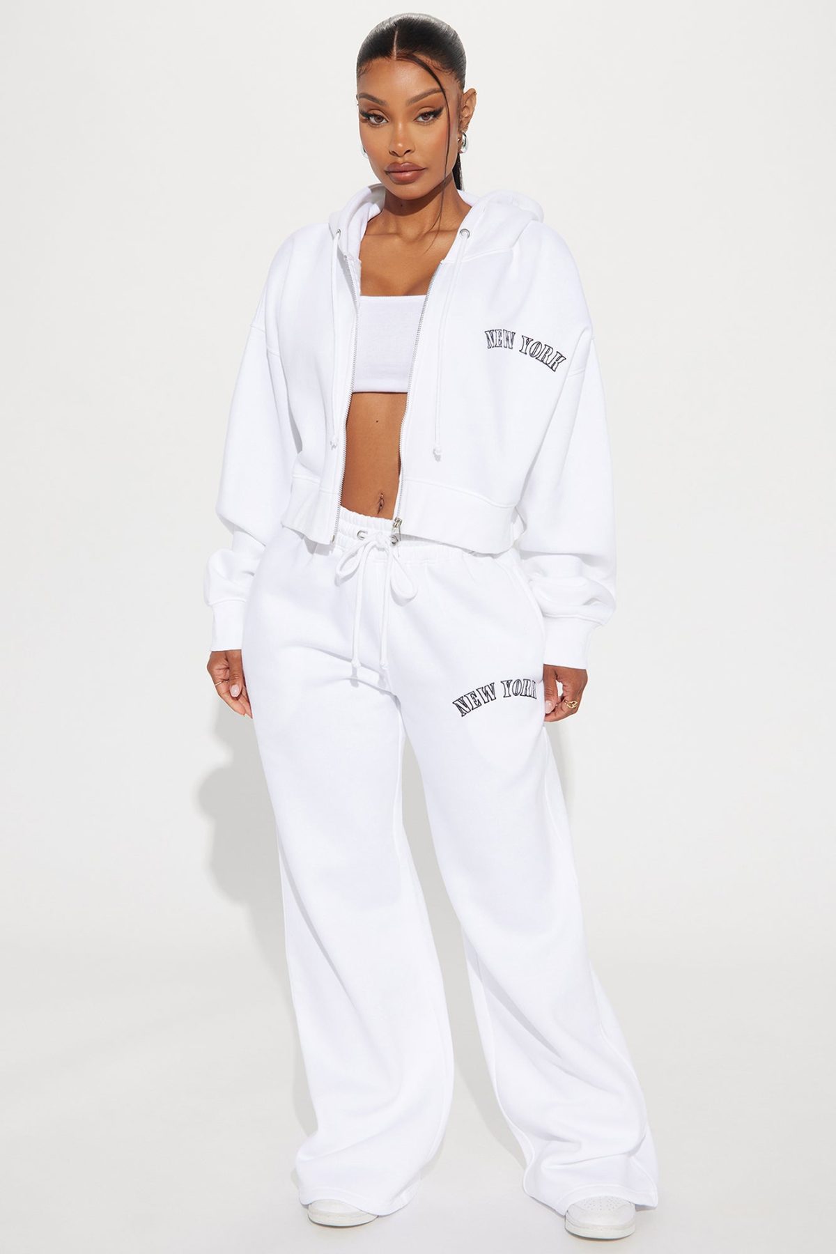 New York Embroidered Zip Front Hoodie - White