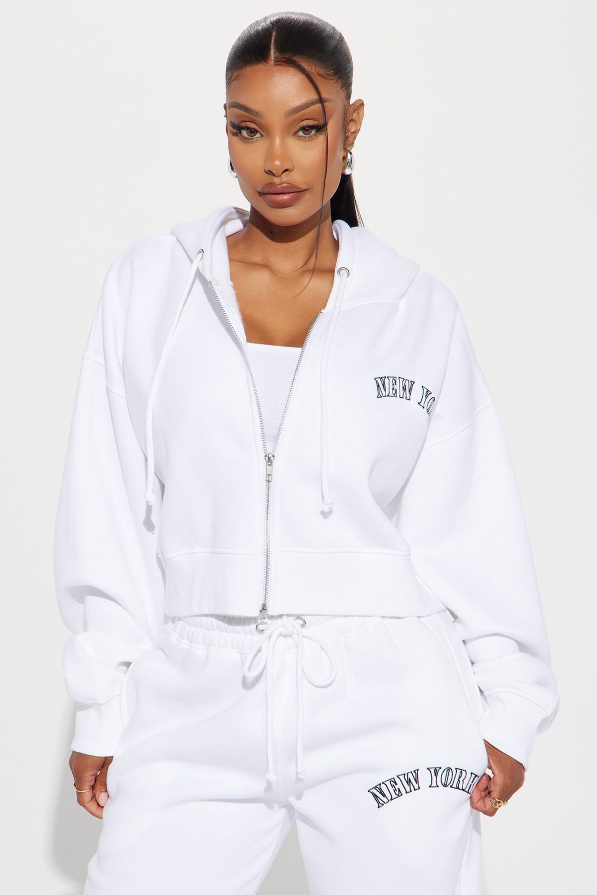 New York Embroidered Zip Front Hoodie - White