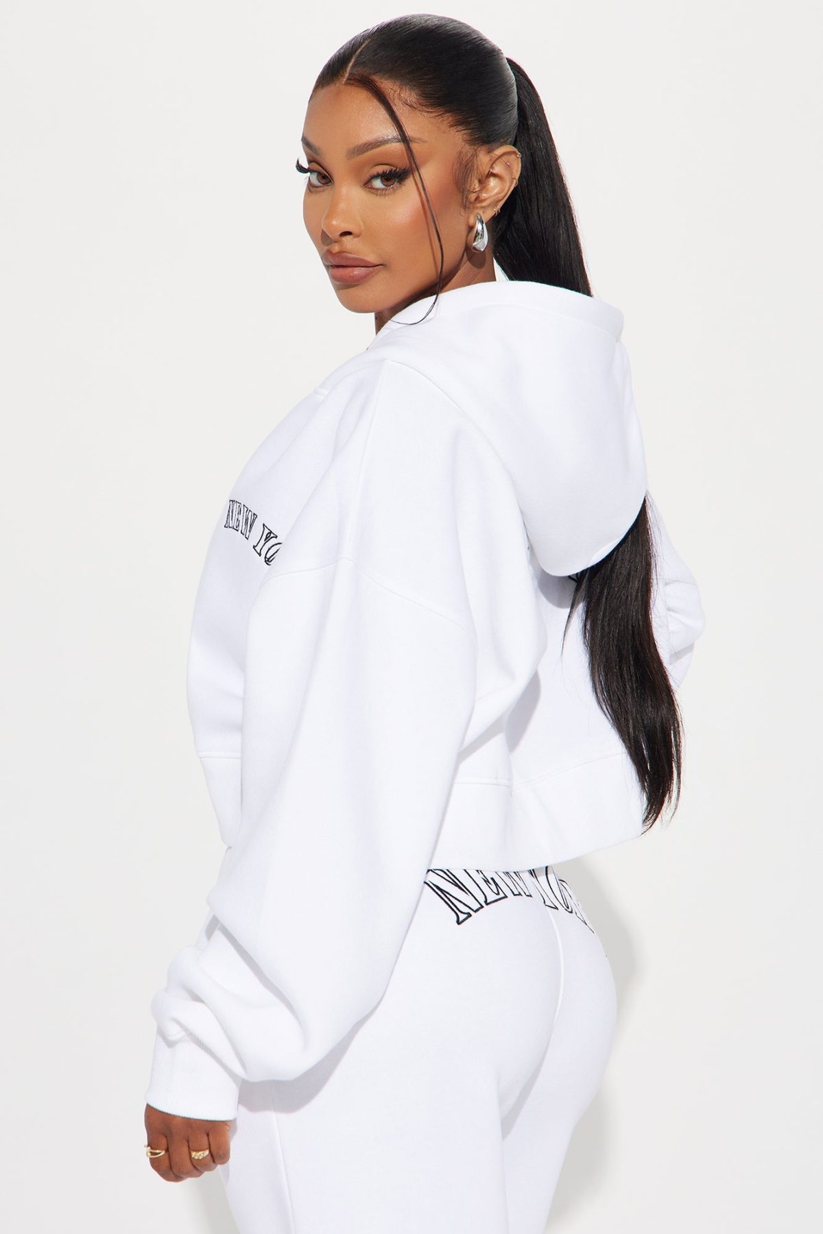 New York Embroidered Zip Front Hoodie - White