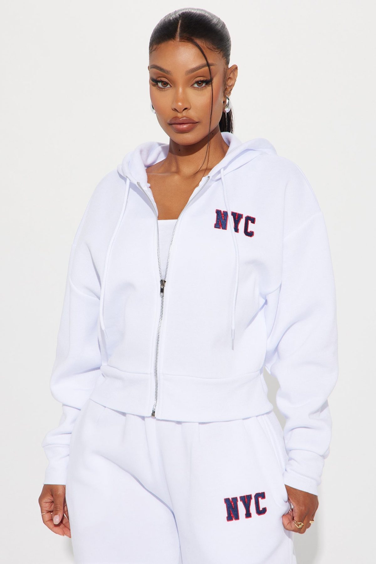 New York Cropped Zip Front Hoodie - White