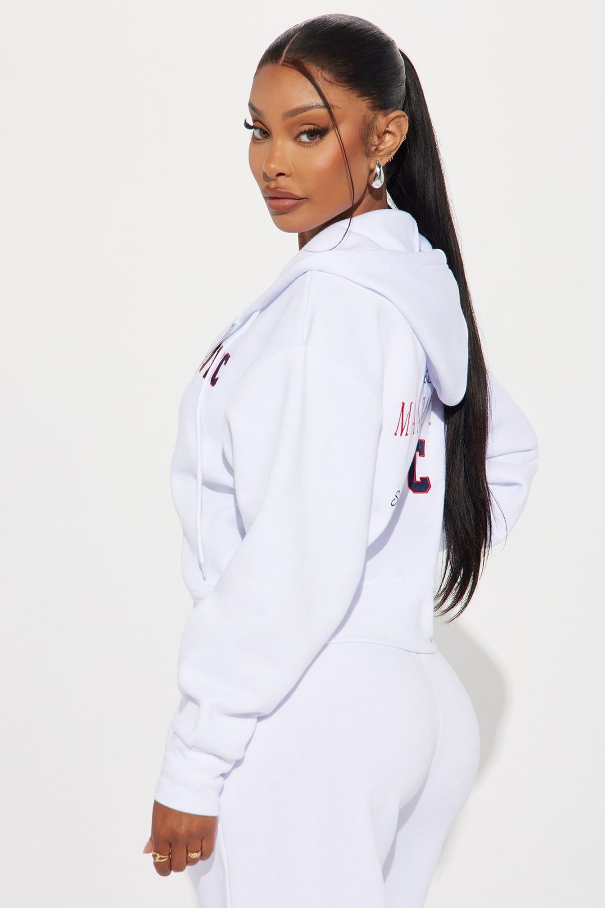 New York Cropped Zip Front Hoodie - White