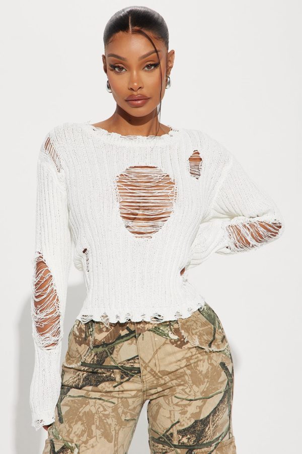 Bad Attitude Distressed Sweater - Off White