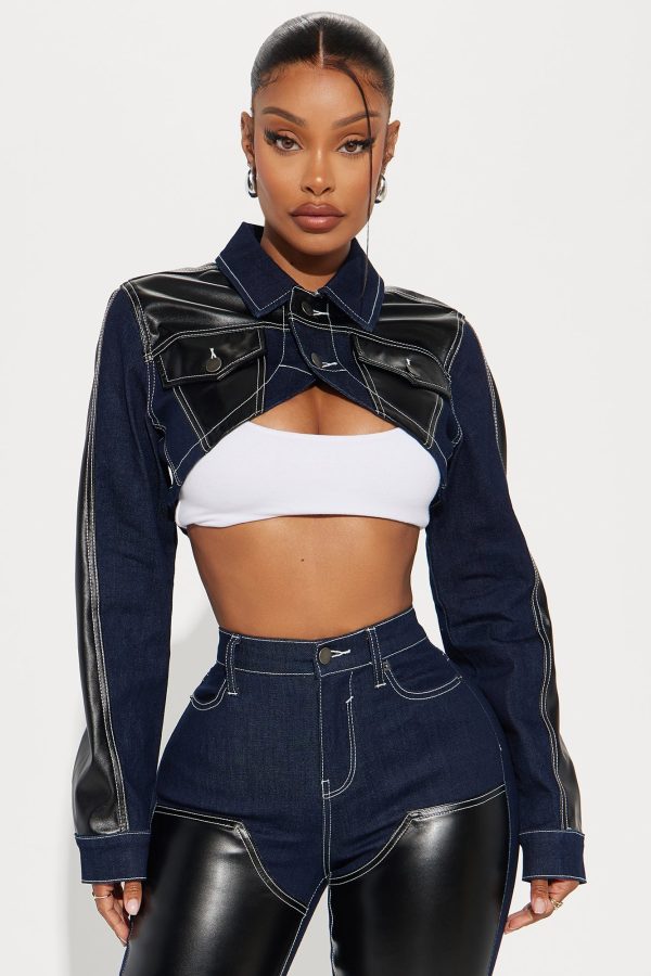 Cut It Close Faux Leather Denim Bolero Jacket - Dark Wash