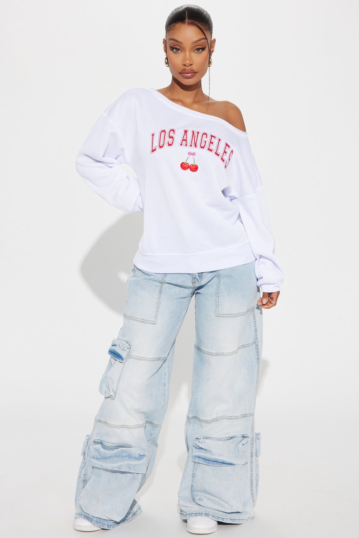 LA Cherry Bombshells Off Shoulder Sweatshirt - White