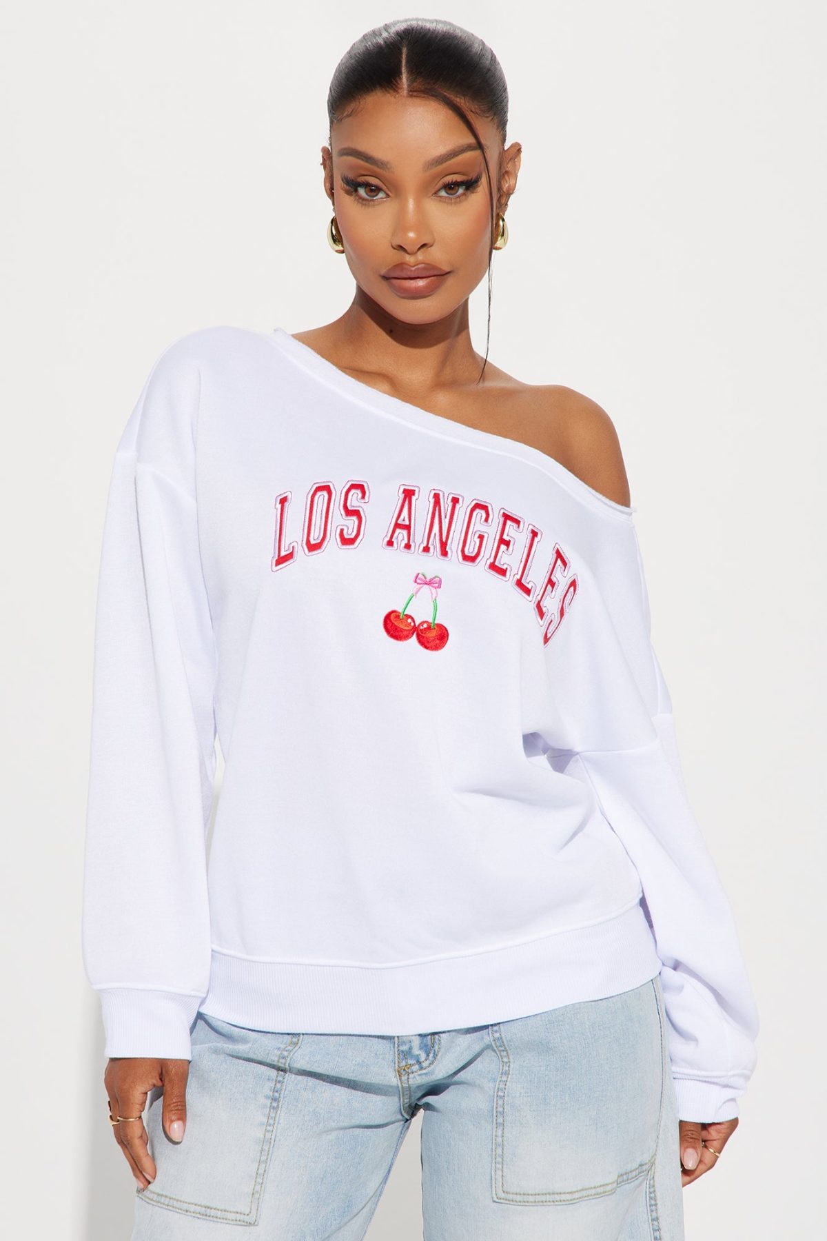 LA Cherry Bombshells Off Shoulder Sweatshirt - White