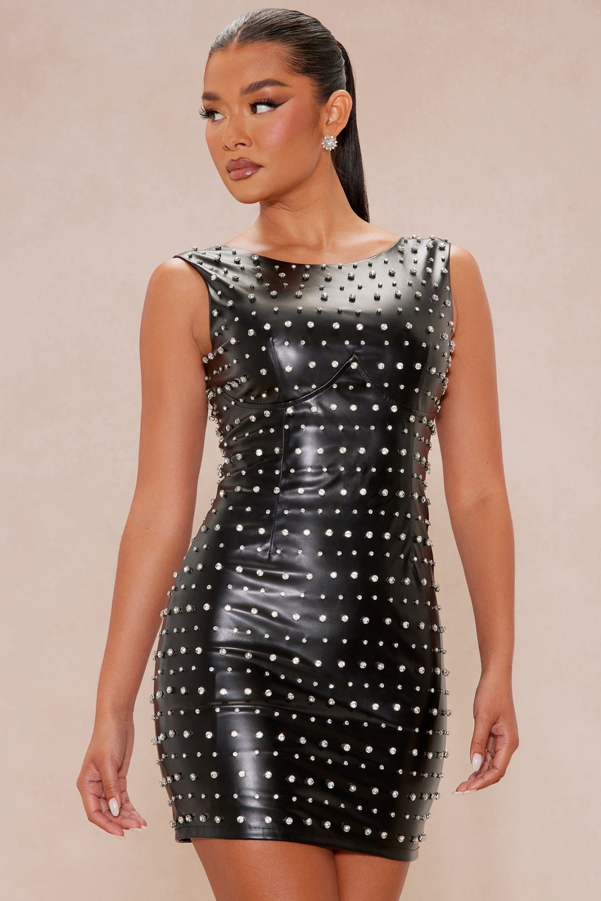 Ashlynn Embellished Faux Leather Mini Dress - Black