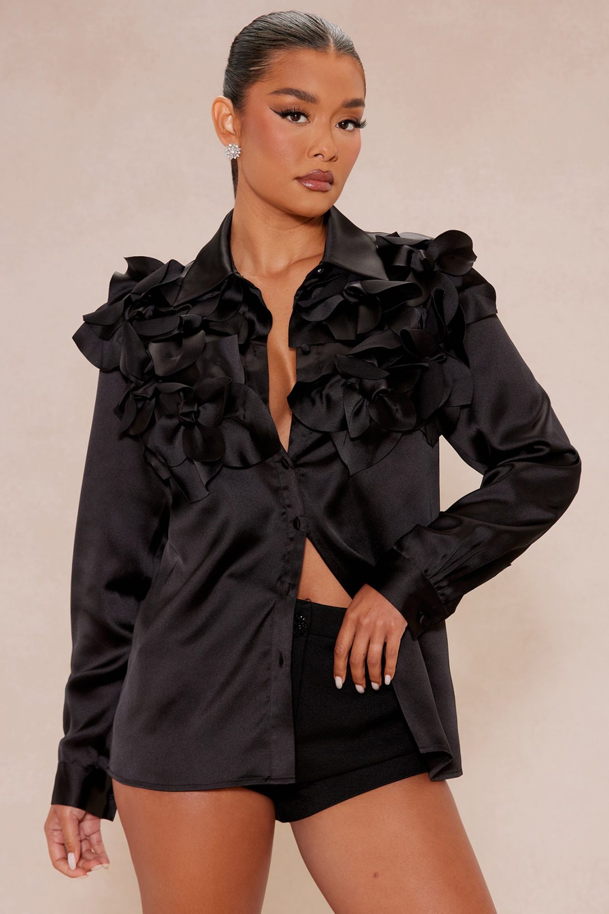 Elise Floral Applique Satin Shirt - Black