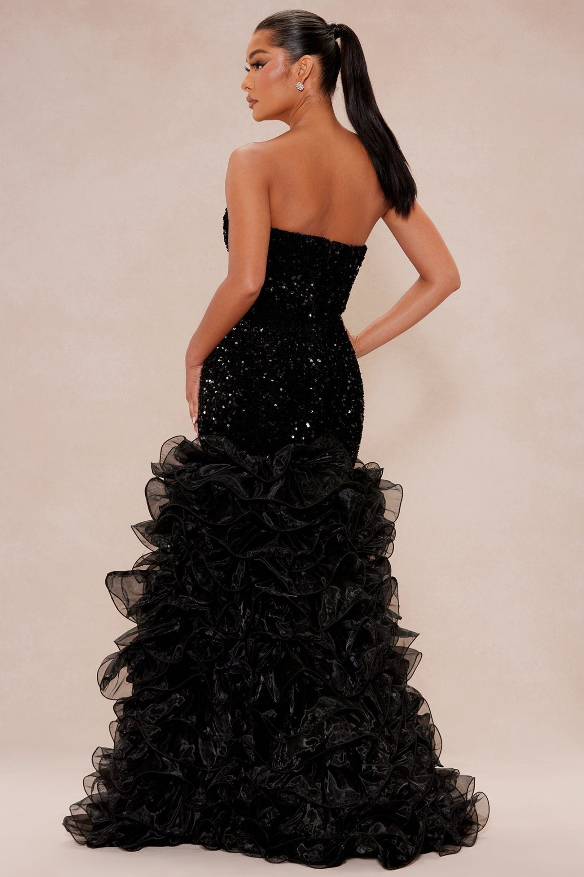 Cassandra Sequin Tiered Gown - Black