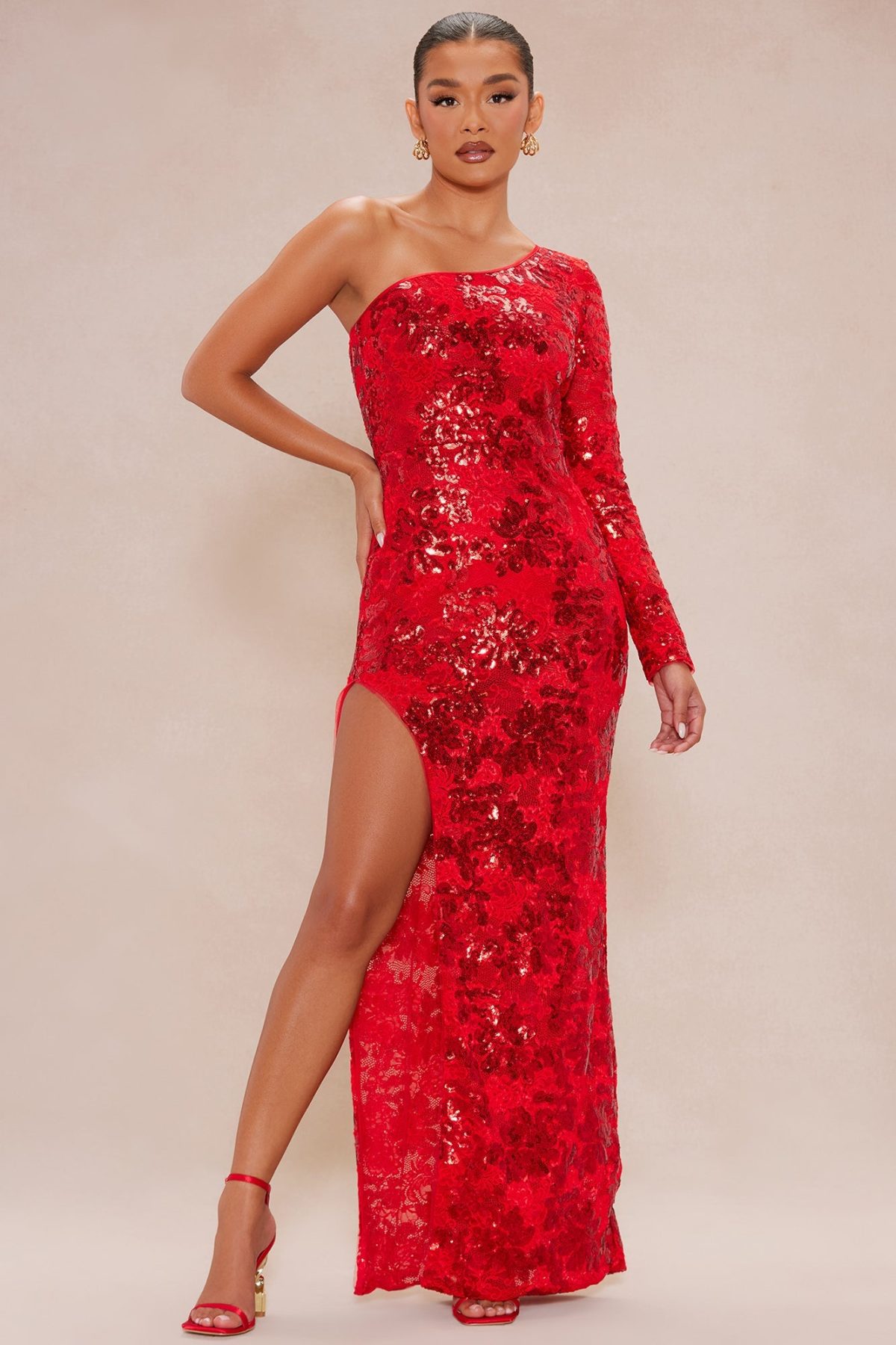 Paris Sequin Lace Gown - Red