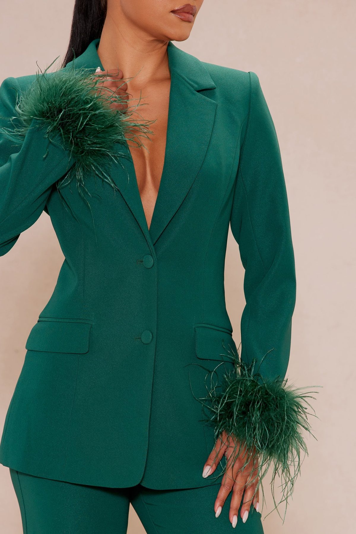 Clarissa Feather Blazer Suit Set - Hunter