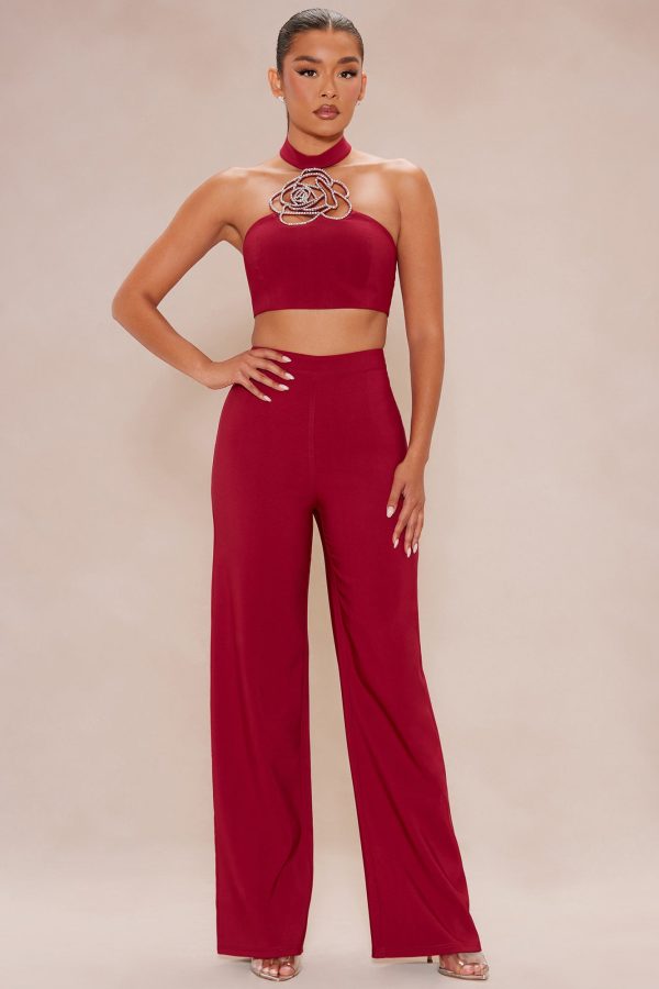 Adeline Embellished Rose Pant Set - Red