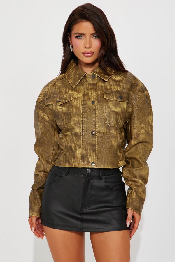 Kennedy Washed Faux Leather Jacket - Mustard