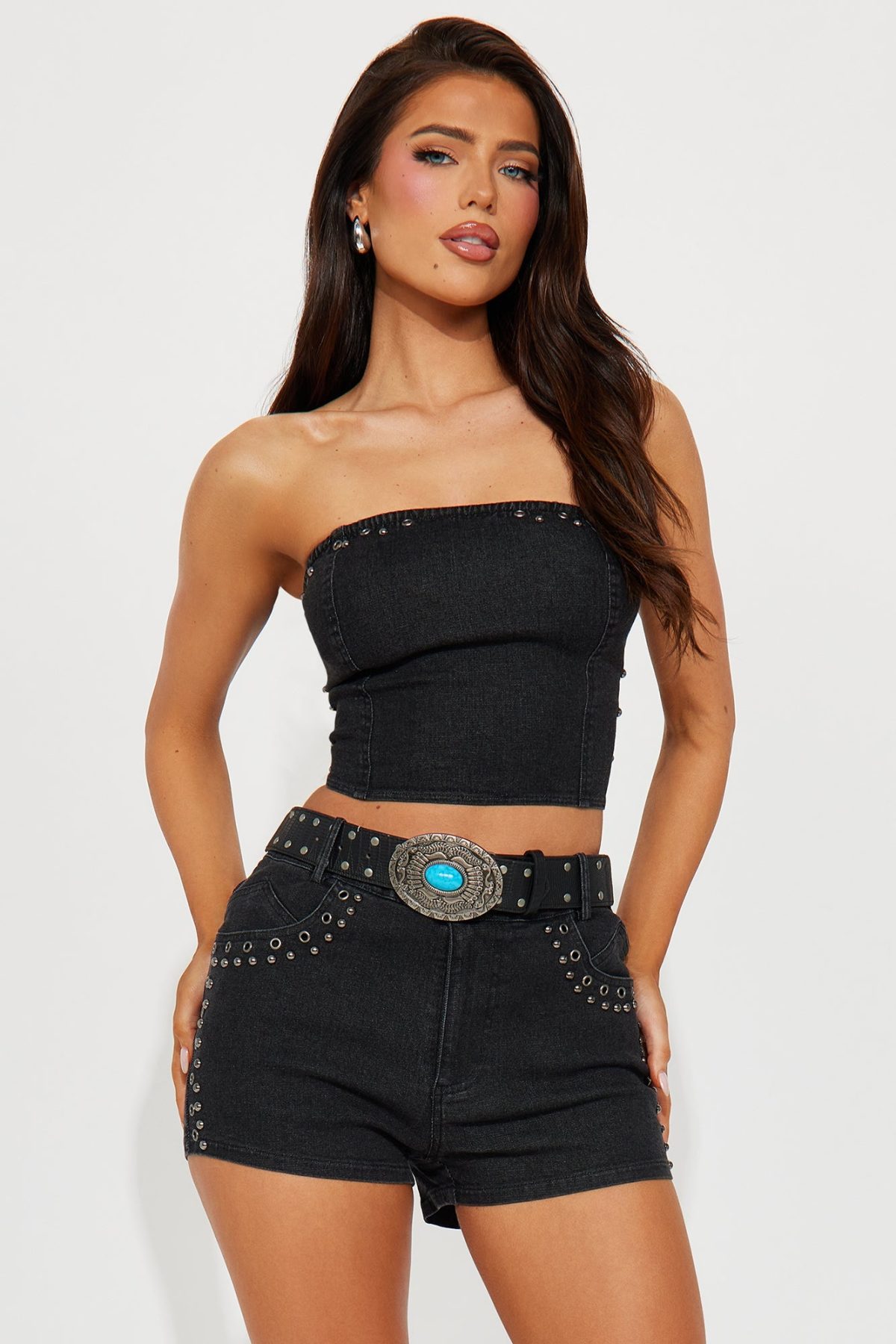 Country Girl Denim Short Set - Black