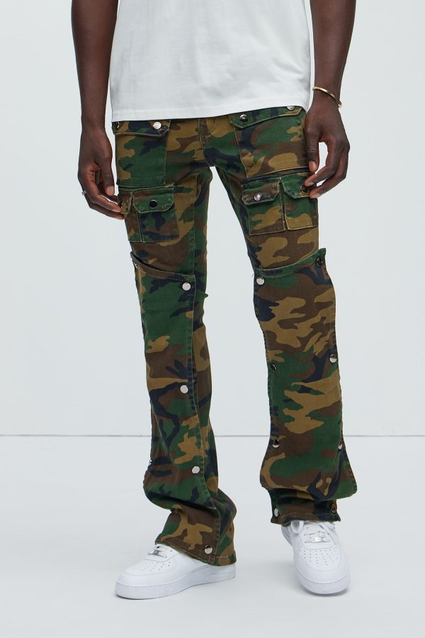 Utility Snap Pockets Flare Pants - Camouflage