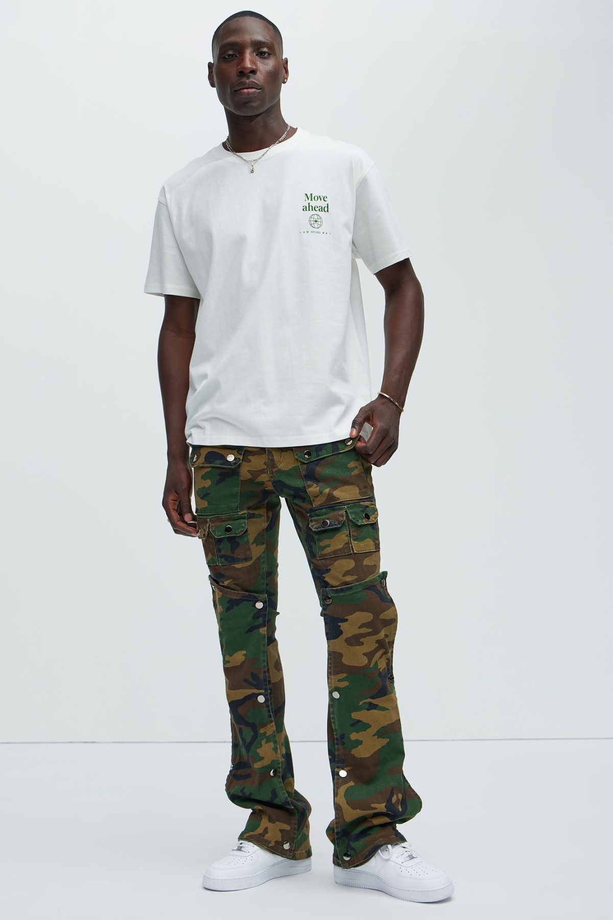 Utility Snap Pockets Flare Pants - Camouflage