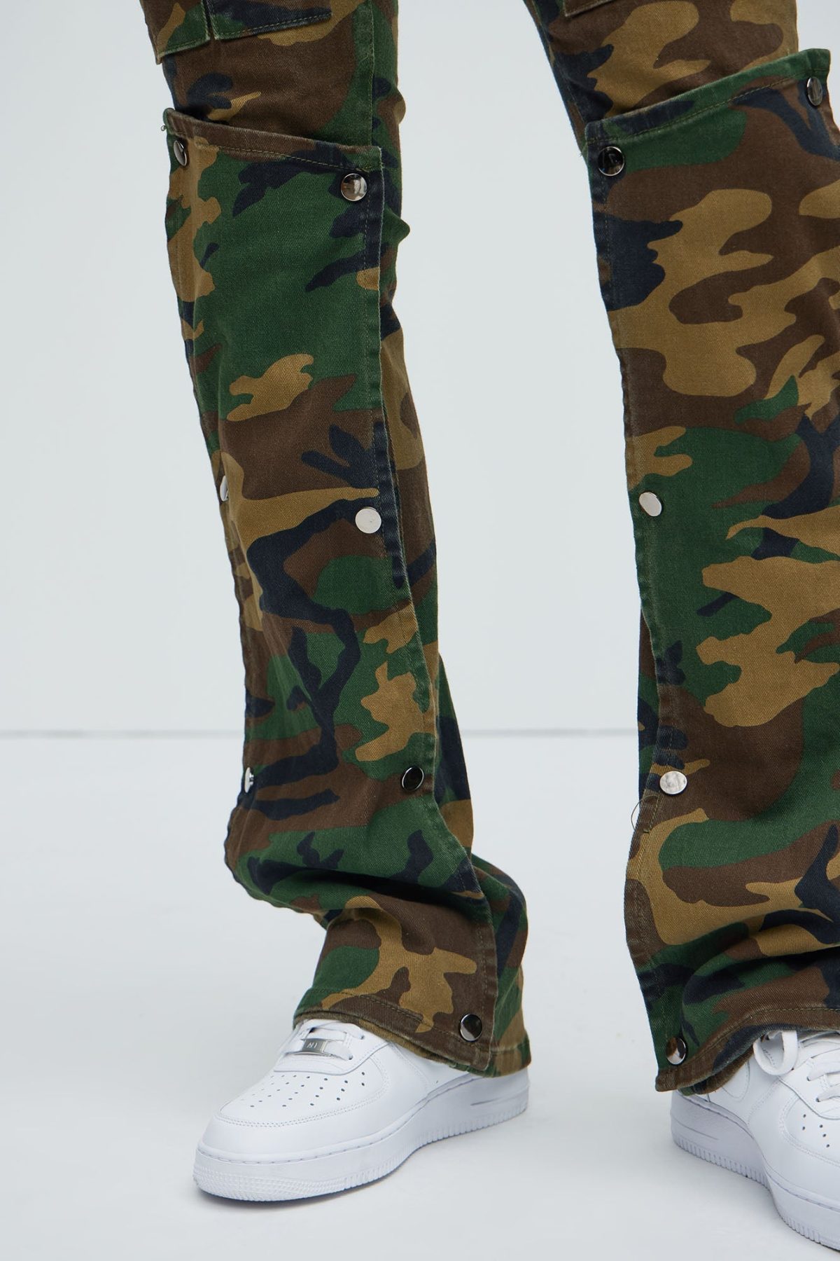 Utility Snap Pockets Flare Pants - Camouflage