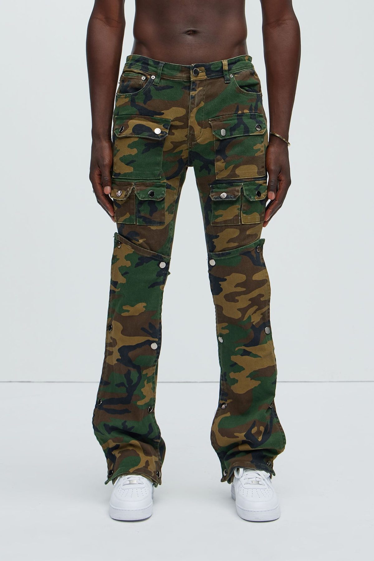 Utility Snap Pockets Flare Pants - Camouflage