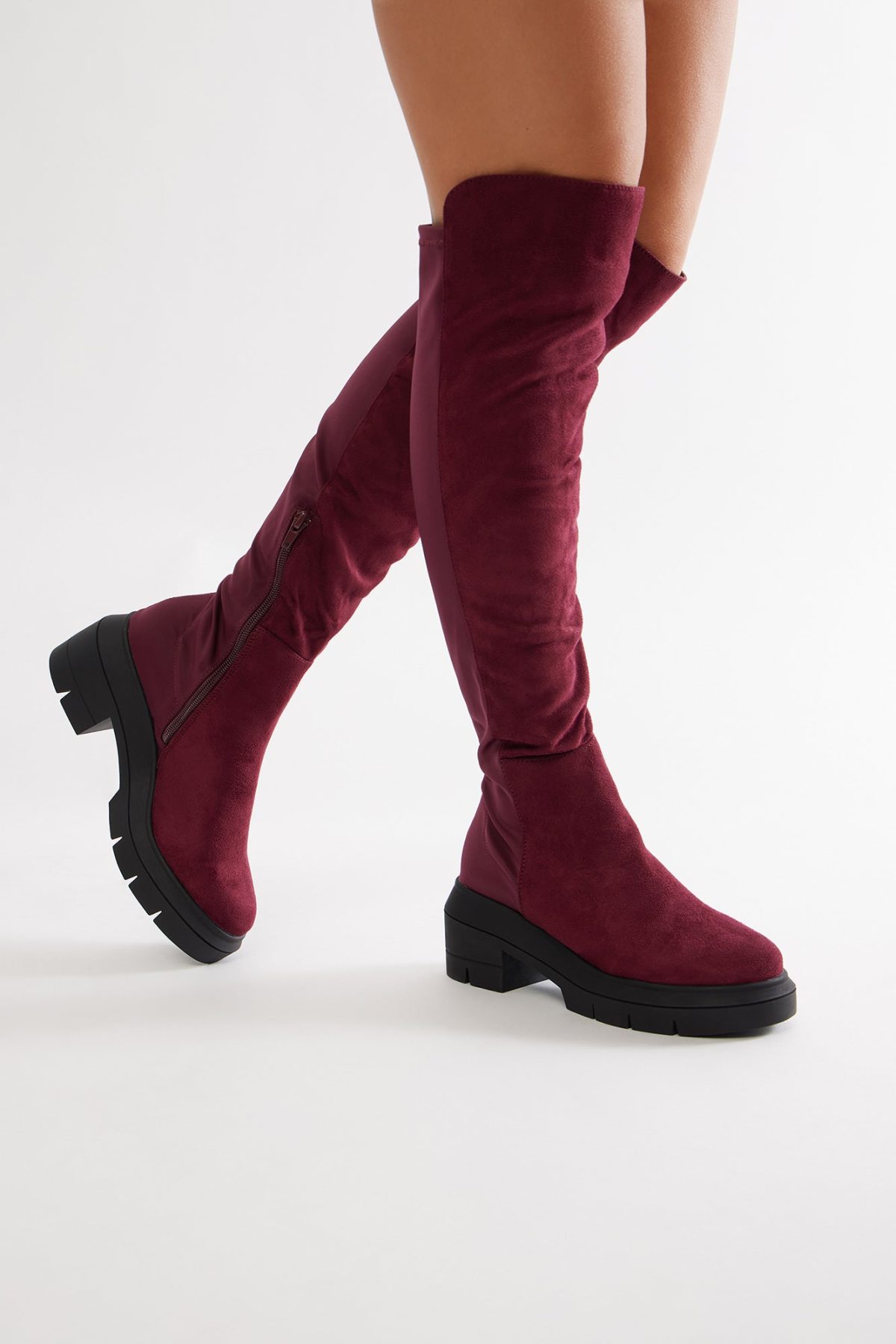 Teddy Knee High Boots - Burgundy