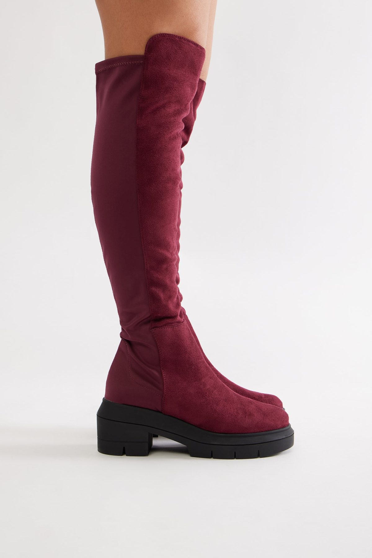 Teddy Knee High Boots - Burgundy