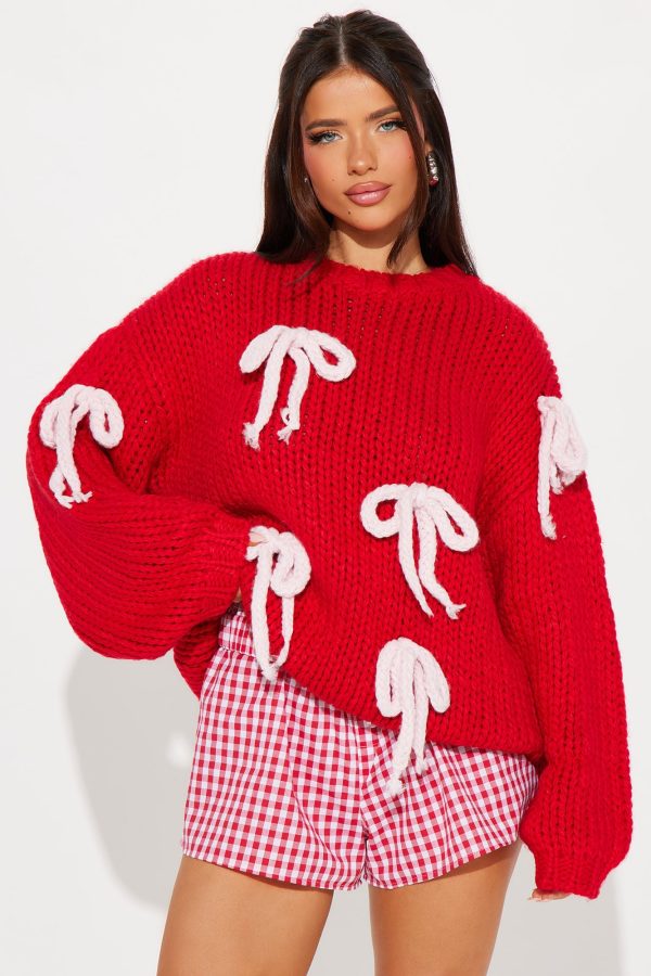 Bri Bow Chunky Knit Sweater - Red/combo