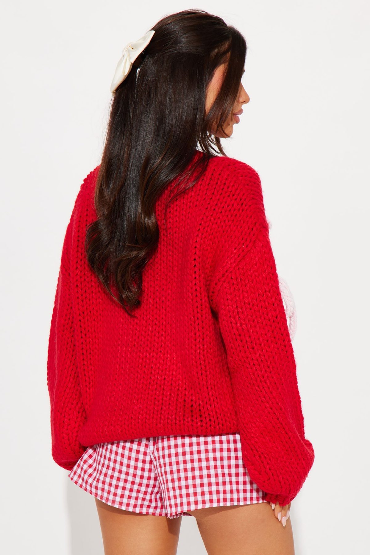 Bri Bow Chunky Knit Sweater - Red/combo