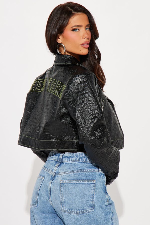 New York Girl Faux Leather Croc Bolero Jacket - Black