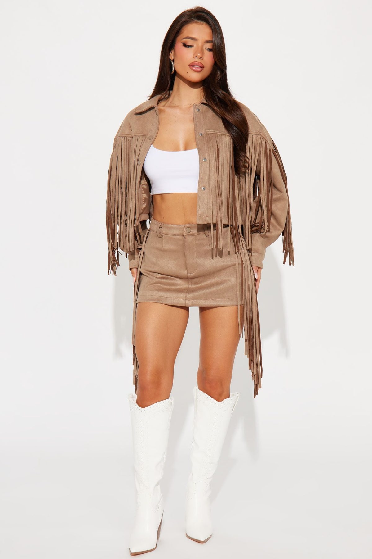 Starla Fringe Faux Suede Skirt Set - Taupe