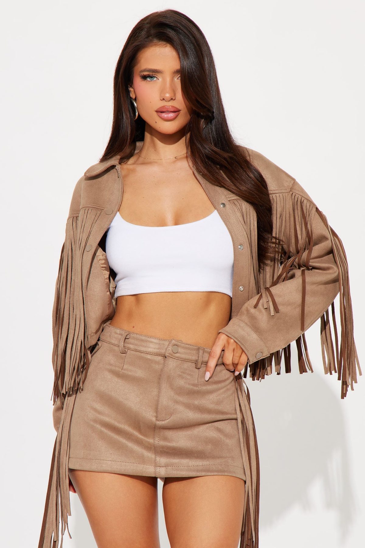 Starla Fringe Faux Suede Skirt Set - Taupe