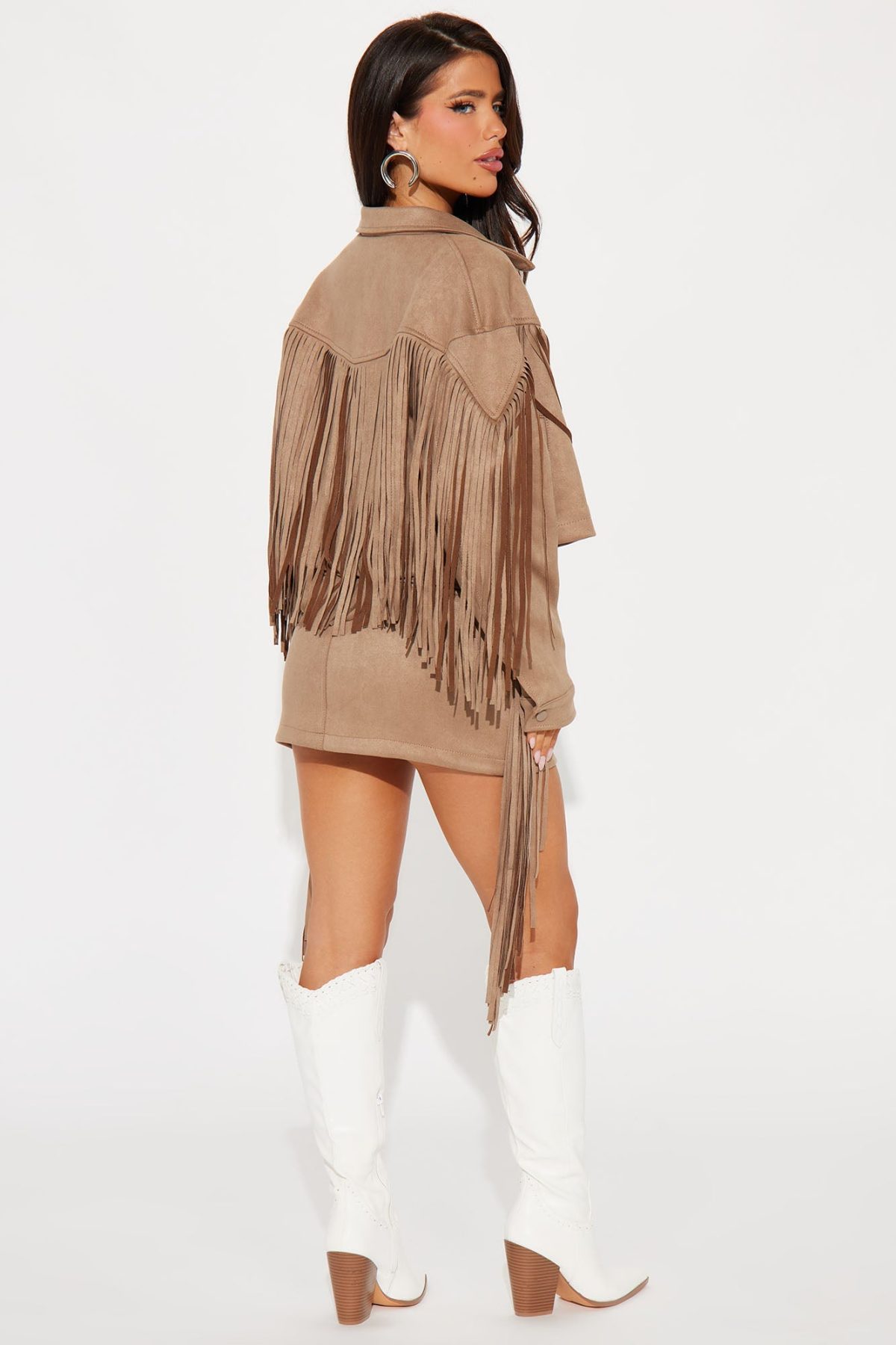 Starla Fringe Faux Suede Skirt Set - Taupe