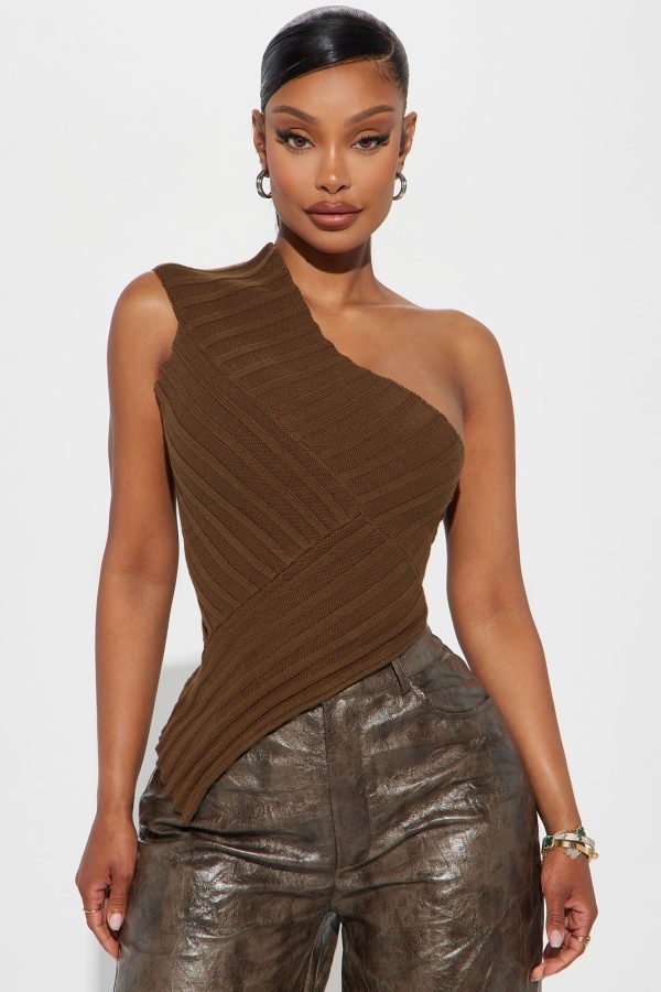 Amaya One Shoulder Sweater Top - Chocolate