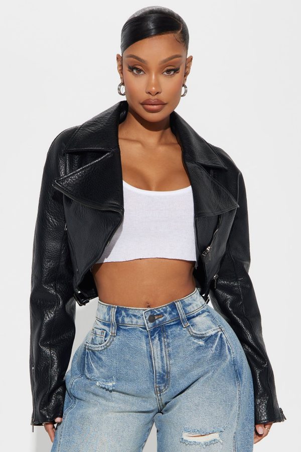 Keeping Secrets Cropped Faux Leather Jacket - Black