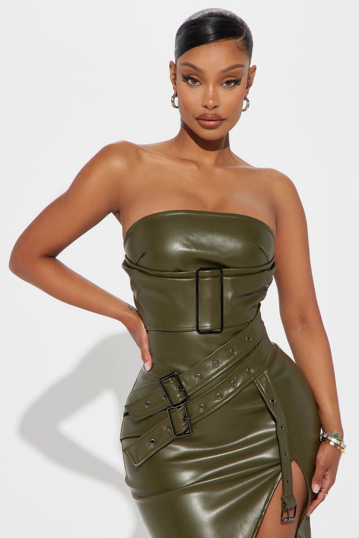 Speed It Up Faux Leather Midi Dress - Olive