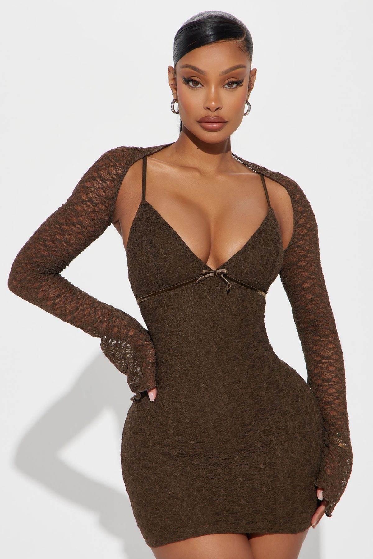 Lace Micro Mini and bolero dress set - Chocolate