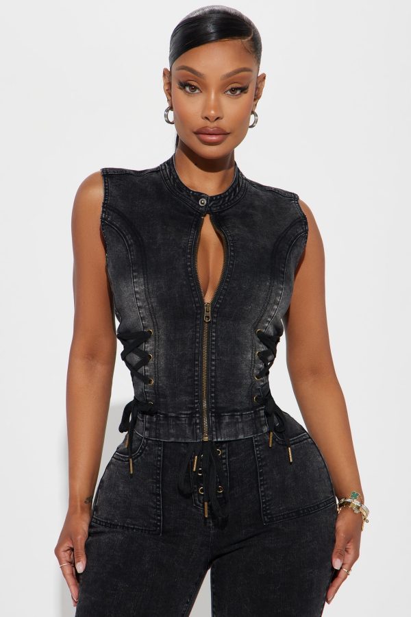 Leveled Up Lace Up Denim Vest - Black Wash