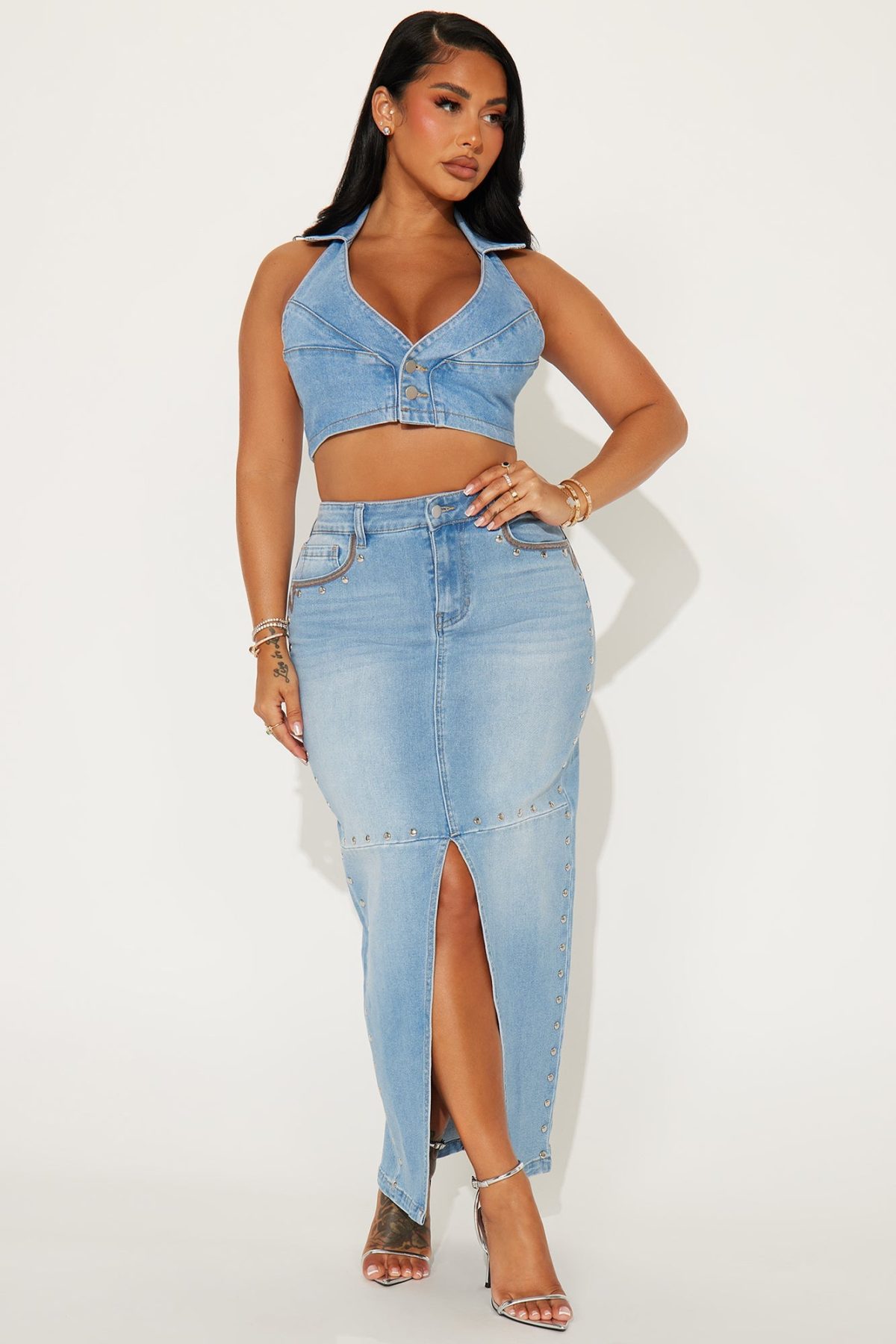 In My Era Studded Denim Maxi Skirt - Light Wash