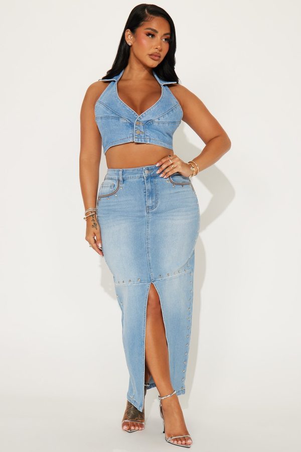 In My Era Studded Denim Maxi Skirt - Light Wash