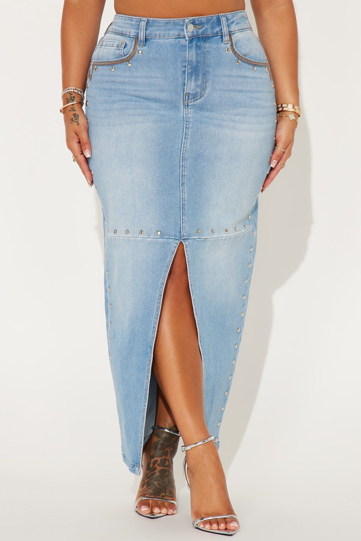 In My Era Studded Denim Maxi Skirt - Light Wash