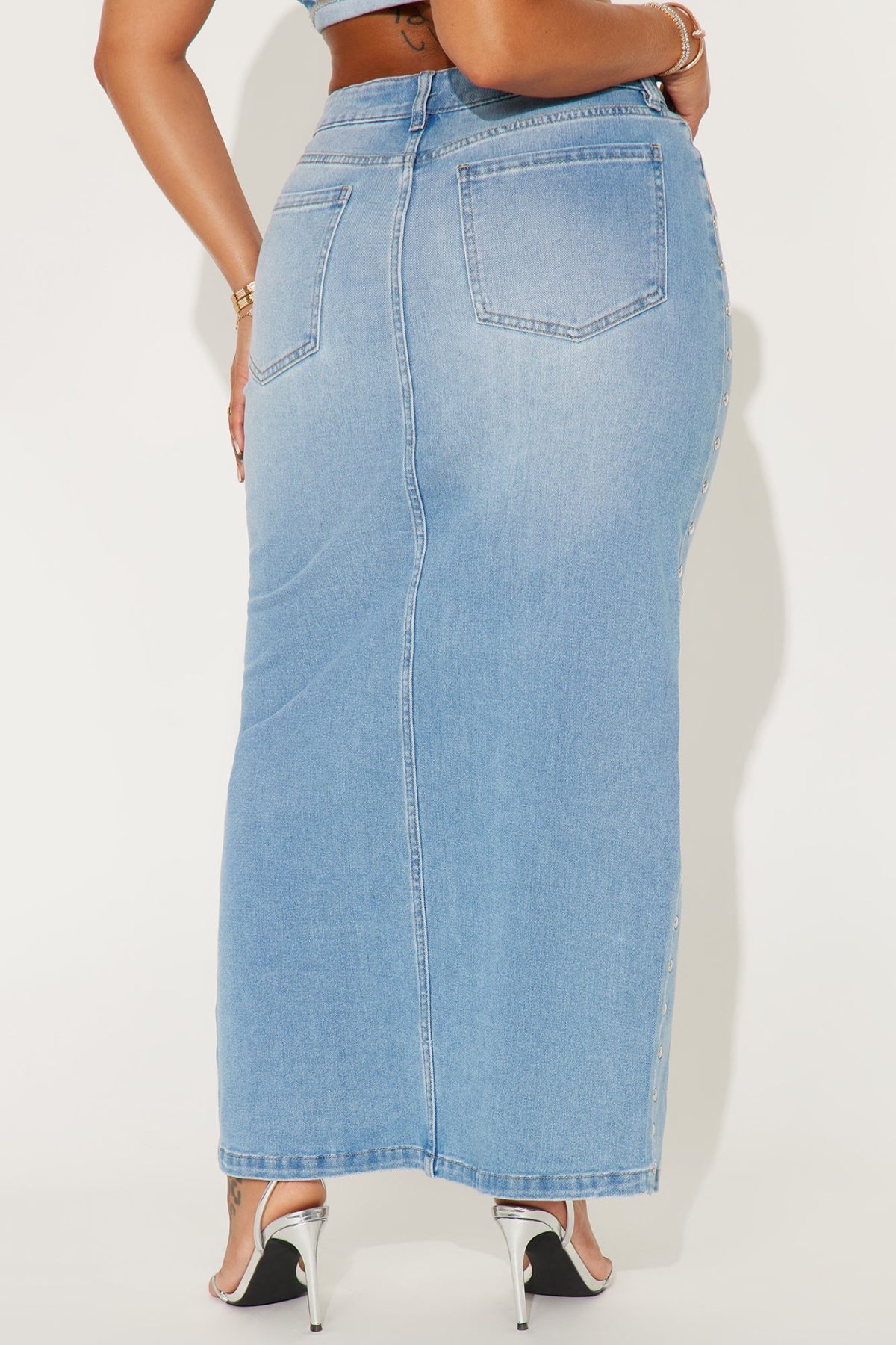 In My Era Studded Denim Maxi Skirt - Light Wash