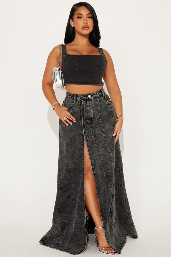 Show You The Way Tinted Denim Maxi Skirt - Black Wash