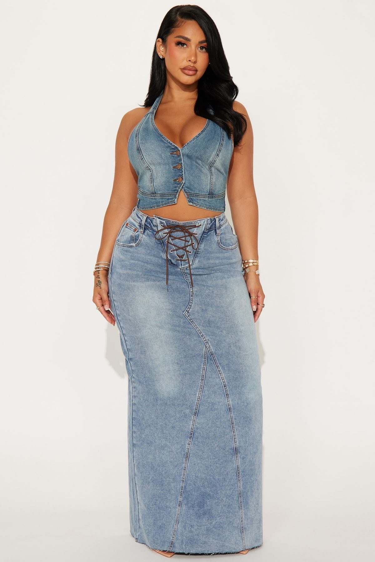 Keep Up Lace Up Denim Maxi Skirt - Medium Wash