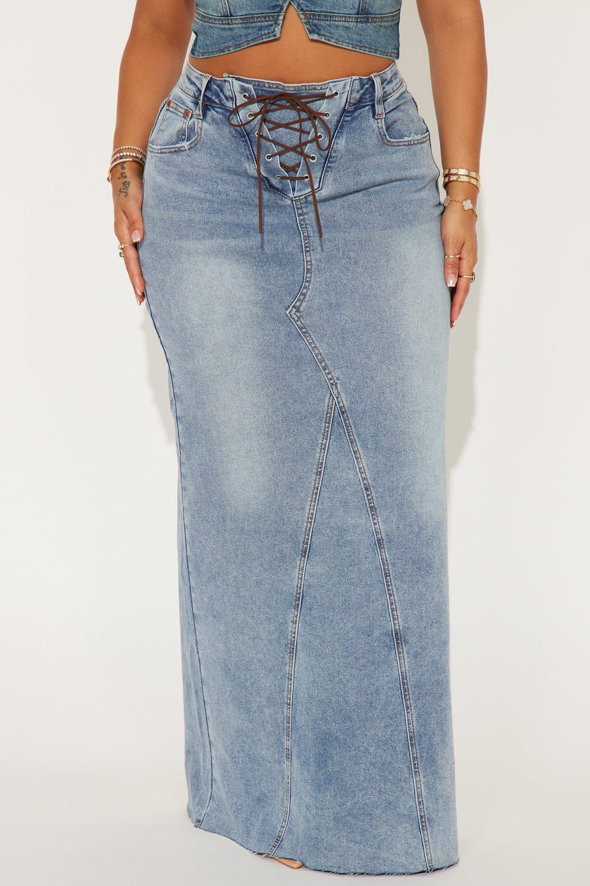 Keep Up Lace Up Denim Maxi Skirt - Medium Wash