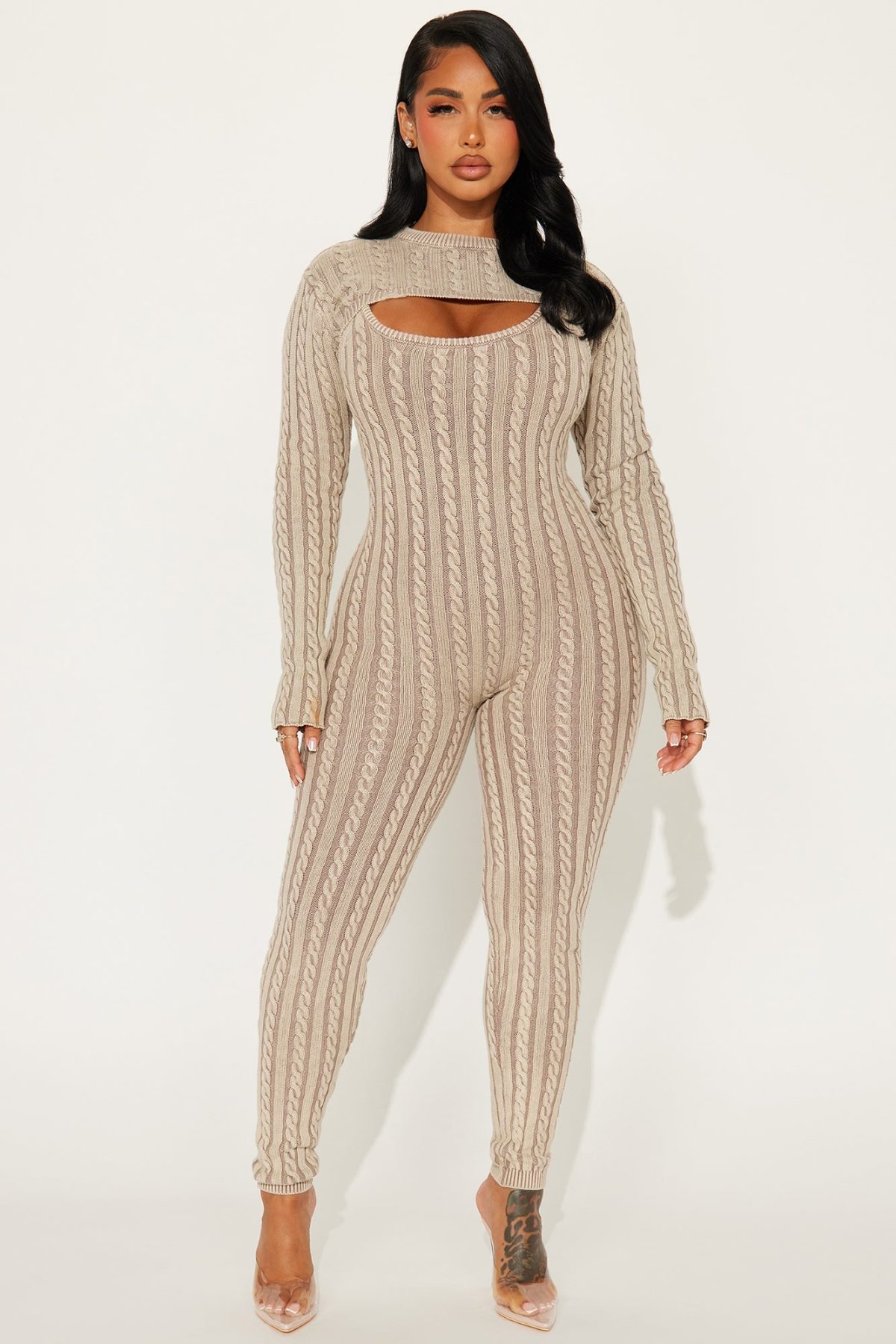 Kaycee Washed Sweater Jumpsuit Set - Grey